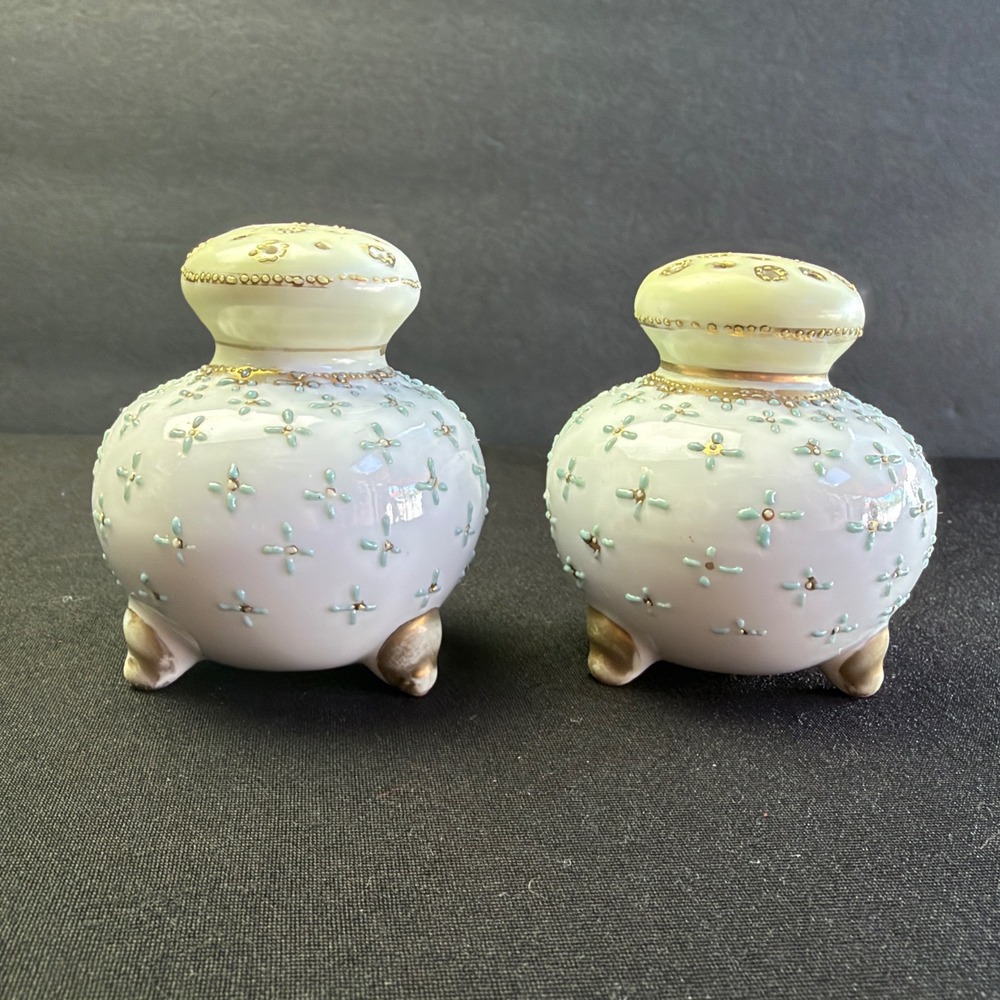 Nippon Moriage Salt Pepper Shakers Vintage Hand Painted Tripod Feet Gold Gilt
